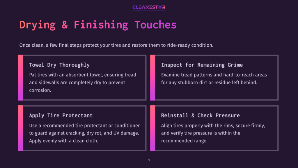 4 Drying And Finishing Touches Infographic Detailing The Final Steps For Cleaning And Finishing Tires: Towel Dry Thoroughly, Inspect For Remaining Grime, Apply Tire Protectant, And Reinstall &Amp; Check Pressure. The Text Is Presented In Four Quadrants With Purple And Pink Accents.