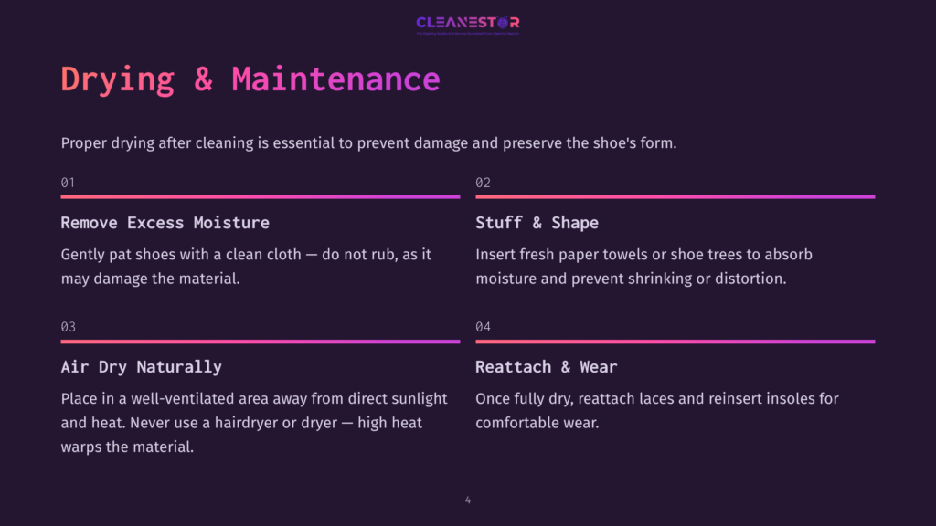 Dark Background With Purple And Pink Gradient Highlights. Text Reads &Quot;Drying &Amp; Maintenance&Quot; And Lists Steps 1-4 For Shoe Drying And Care: &Quot;Remove Excess Moisture,&Quot; &Quot;Stuff &Amp; Shape,&Quot; &Quot;Air Dry Naturally,&Quot; And &Quot;Reattach &Amp; Wear.
