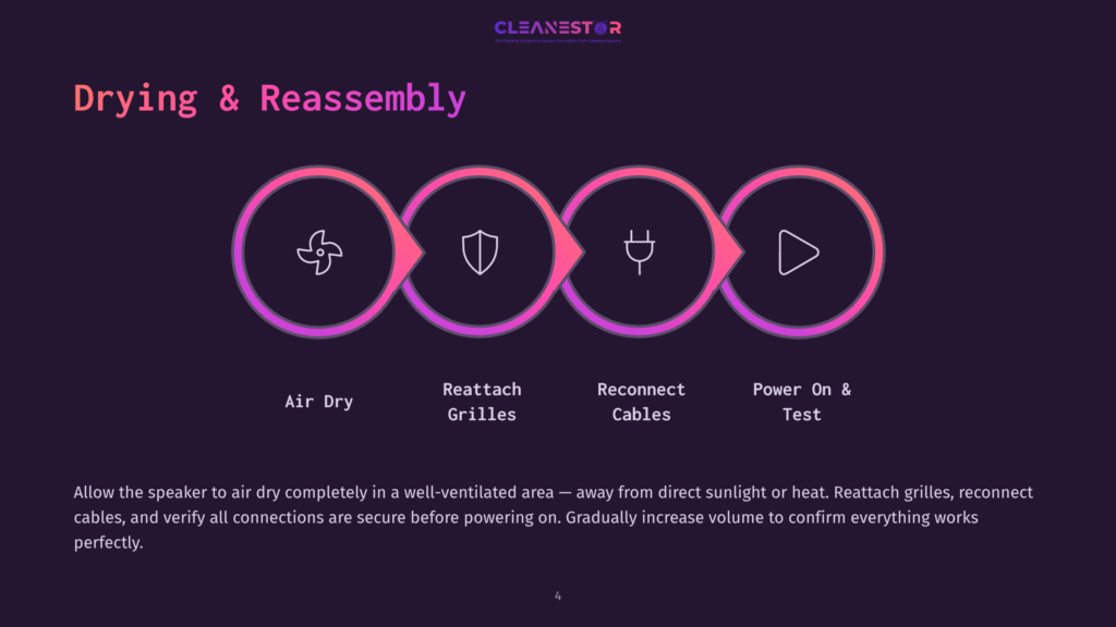 Infographic Illustrating The Process Of Drying And Reassembling A Speaker: Air Dry, Reattach Grilles, Reconnect Cables, And Power On Test. The Text &Quot;Drying &Amp; Reassembly&Quot; Is Prominent.