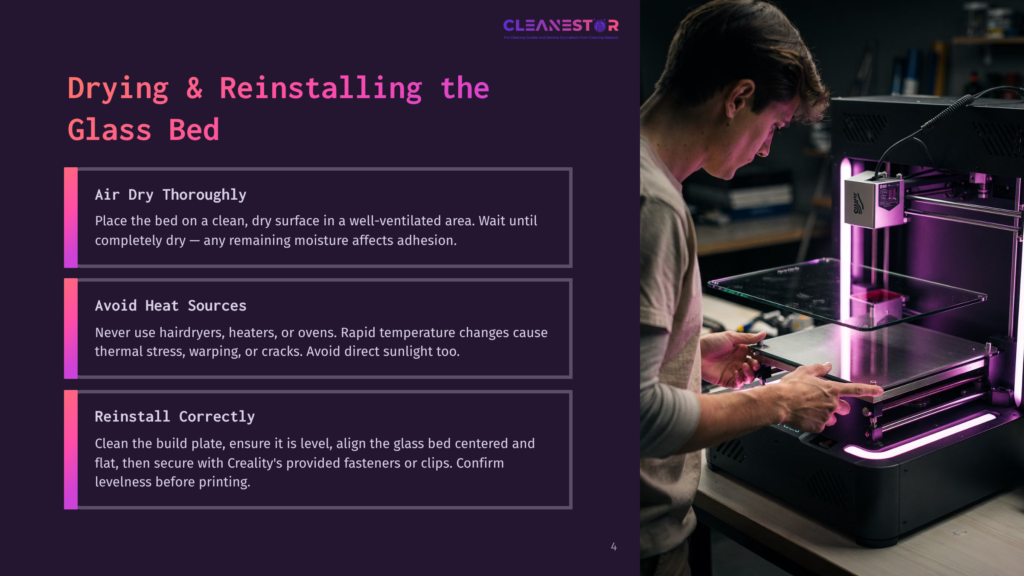 A Person Carefully Removes A Glass Bed From A 3D Printer, With Instructions For Drying And Reinstalling The Glass Bed Displayed On The Left.