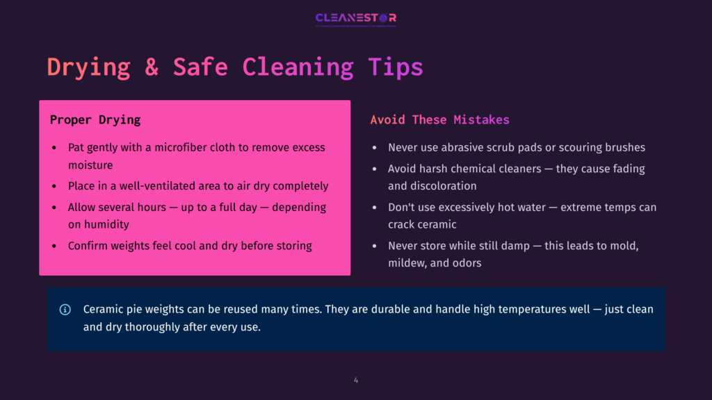A Dark Purple Slide With The Title &Quot;Drying &Amp; Safe Cleaning Tips&Quot; And Two Columns Of Text: &Quot;Proper Drying&Quot; With Bullet Points On Using A Microfiber Cloth, A Well-Ventilated Area, And Confirming Weights, And &Quot;Avoid These Mistakes&Quot; With Bullet Points On Abrasive Scrub Pads, Harsh Chemicals, Hot Water, And Still Damp Items.