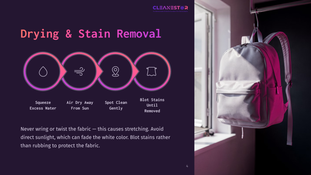A Backpack Hanging On A Hook, Next To A Window With A White Curtain. Text Reads &Quot;Drying &Amp; Stain Removal&Quot; With Icons For Squeezing, Air Drying, Spot Cleaning, And Blotting Stains Until Removed.