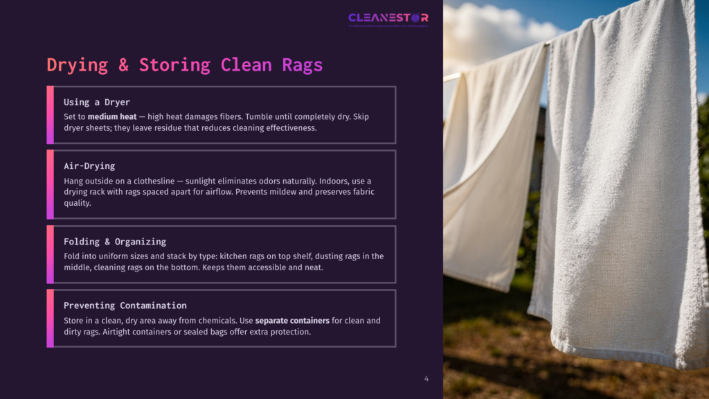 4 Drying And Storing Clean Rags White Towels Hang Drying On A Clothesline Outdoors, With A Blurred Background Of Greenery, Suggesting A Fresh And Clean Laundry Day.