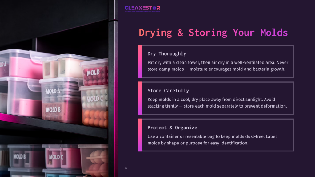 Cleanestor Logo And Text &Quot;Drying &Amp; Storing Your Molds&Quot; With Tips On How To Dry, Store, And Protect Molds From Dust.