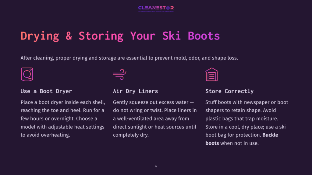 Cleanestor Logo Above Text About Drying And Storing Ski Boots: Use A Boot Dryer, Air Dry Liners, Store Correctly. Instructions Include Reaching Toe And Heel, Adjustable Heat, Squeezing Out Excess Water, Well-Ventilated Area, Newspaper, Plastic Bags, Cool Dry Place, And Buckling Boots.