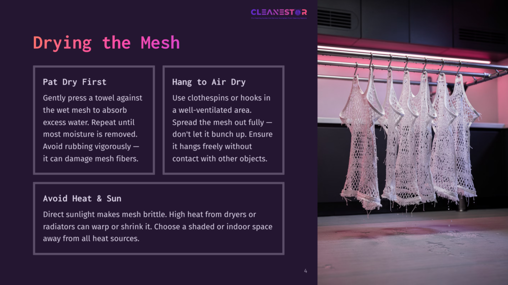 White Mesh Garments Hang From A Rack, Dripping Water, With Instructions On The Left For Drying Mesh Items By Patting Them Dry Or Air Drying Them.