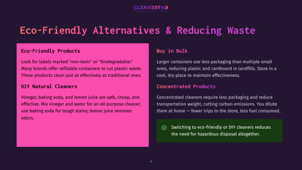 A Dark Purple Background With A Pink Rectangle On The Left Containing Text About Eco-Friendly Products And Diy Natural Cleaners. The Right Side Has Text About Buying In Bulk And Concentrated Products.