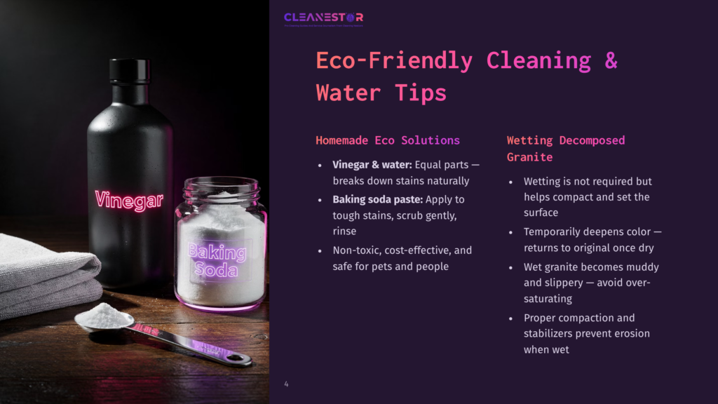 A Dark Bottle Labeled &Quot;Vinegar&Quot; And A Glass Jar Labeled &Quot;Baking Soda&Quot; Sit Next To A White Towel, With A Spoonful Of White Powder On A Metal Spoon In The Foreground. Text On The Right Reads &Quot;Eco-Friendly Cleaning &Amp; Water Tips.