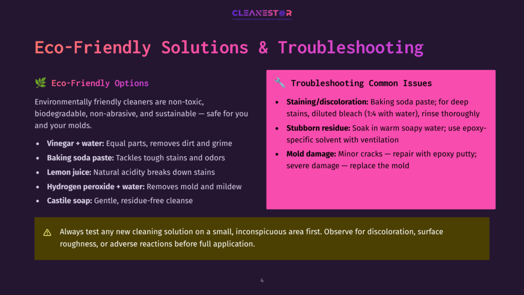 Infographic Titled &Quot;Eco-Friendly Solutions &Amp; Troubleshooting&Quot; Featuring An Eco-Friendly Options List, Including Vinegar, Baking Soda, Lemon Juice, Hydrogen Peroxide, And Castile Soap. It Also Provides Troubleshooting Advice For Issues Like Staining, Stubborn Residue, Mold Damage, And Discoloration.