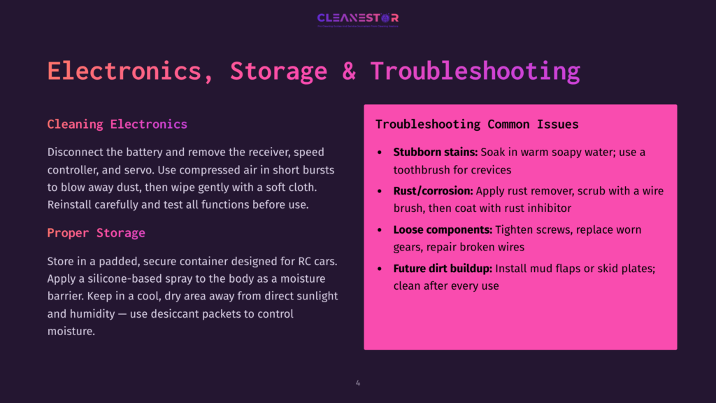 4 Electronics Storage And Troubleshooting Slide Titled &Quot;Electronics, Storage &Amp; Troubleshooting&Quot; With Sections On &Quot;Cleaning Electronics&Quot; And &Quot;Troubleshooting Common Issues,&Quot; Offering Advice On Dust Removal, Storage, And Fixing Common Problems Like Stubborn Stains And Loose Components.