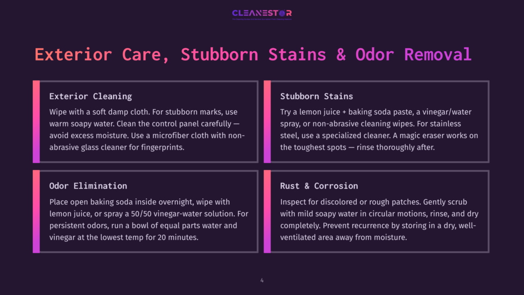 Cleanestor Exterior Care Guide With Sections On Cleaning, Stubborn Stains, Odor Removal, And Rust &Amp; Corrosion, Featuring Purple Text And Icons.