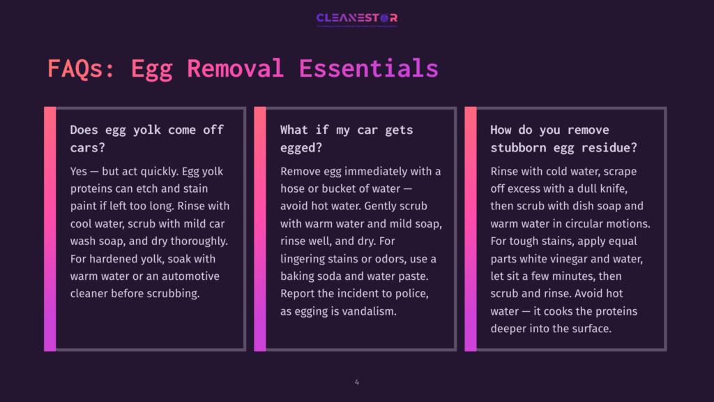 4 Faqs Egg Removal Essentials 1 Faqs: Egg Removal Essentials. This Infographic From Cleanestor Provides Tips On How To Remove Egg From Cars, Including How To Handle Egged Cars And Stubborn Egg Residue.