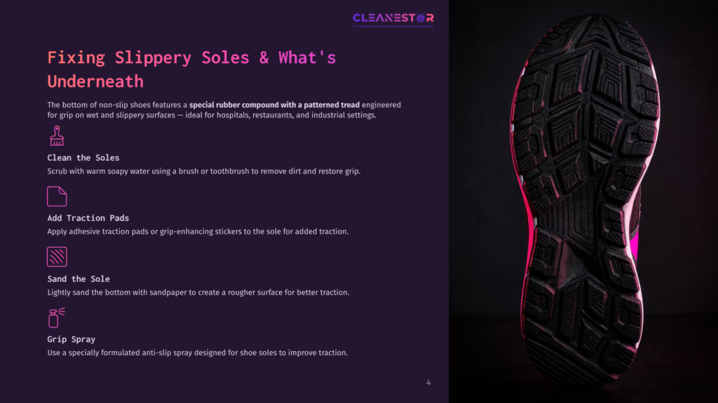 Close-Up Of A Black Athletic Shoe Sole With Bright Pink Accents, Featuring A Detailed Tread Pattern Designed For Grip. Text Overlay Reads &Quot;Cleanestor&Quot; And &Quot;Fixing Slippery Soles &Amp; What'S Underneath&Quot;.