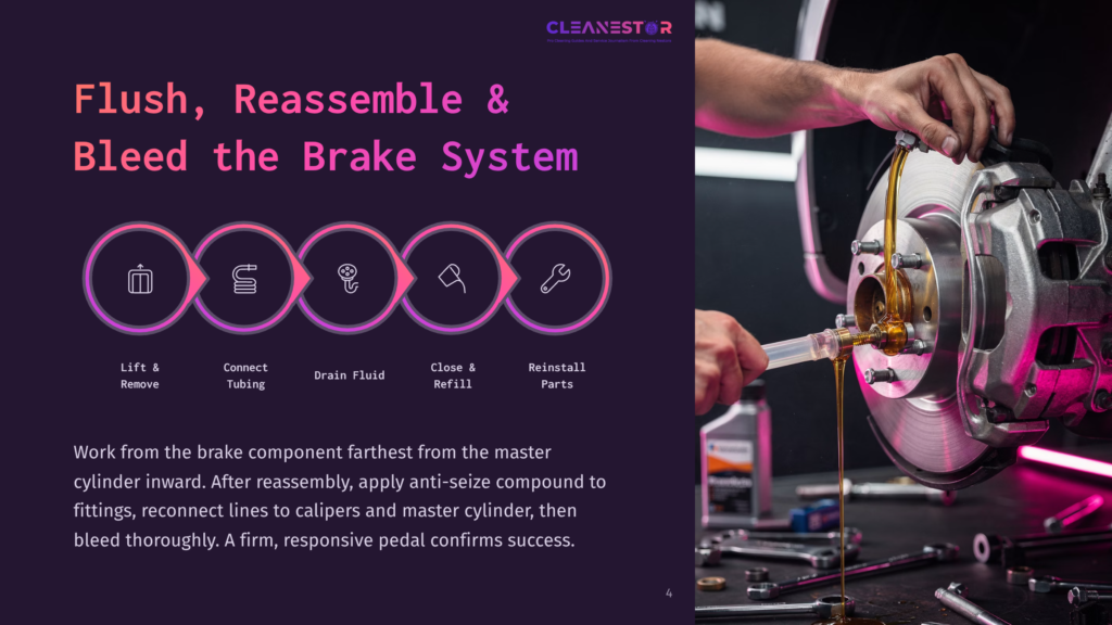 Step-By-Step Illustration Showing How To Flush, Reassemble, And Bleed A Brake System: Lift &Amp; Remove, Connect Tubing, Drain Fluid, Close &Amp; Refill, Reinstall Parts. A Mechanic Is Shown In The Background, Working On A Car Brake.
