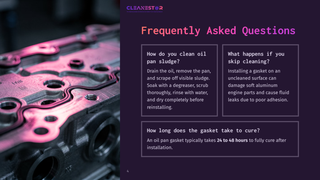 Close-Up Of A Clean Engine Oil Pan With A New Gasket Installed, Showing The Metal Casing And The Pinkish-Purple Gasket Material.