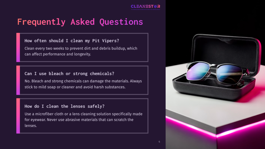A Pair Of Stylish Silver-Rimmed Eyeglasses With Purple-Tinted Lenses Rests In An Open Black Protective Case Against A Dark Background With Vibrant Pink Led Lighting. The Image Also Features A Dark Purple Graphic Overlay With &Quot;Cleanestar&Quot; Logo And Frequently Asked Questions About Cleaning Pit Vipers Eyewear.