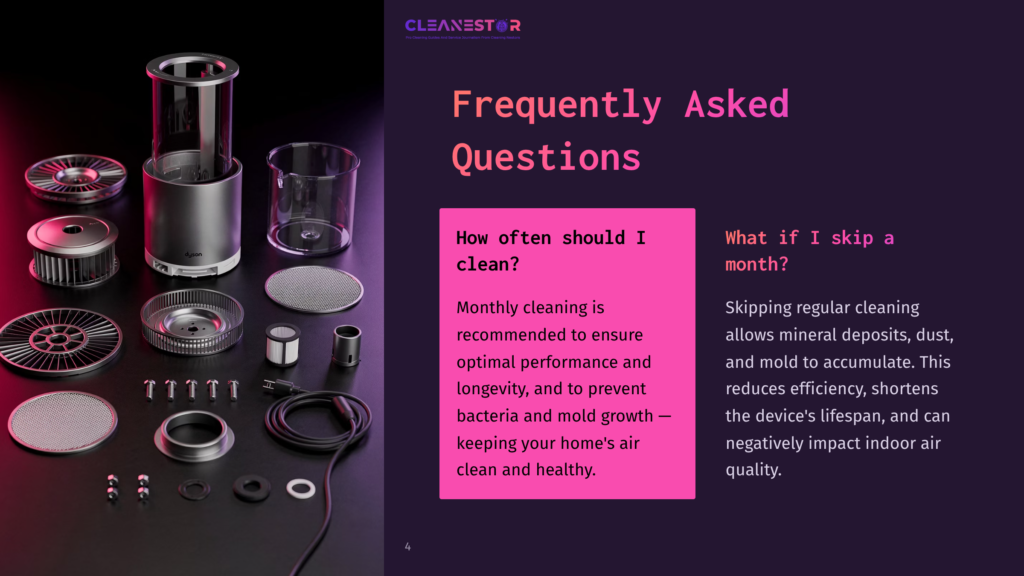 A Disassembled Air Purifier With Various Metal And Plastic Components Laid Out On A Dark, Reflective Surface. Text Overlays Read &Quot;Cleanestor&Quot; And &Quot;Frequently Asked Questions&Quot;.