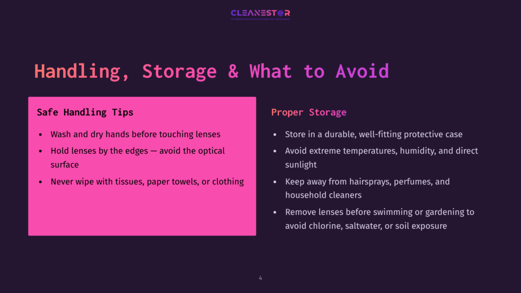 A Pink-Highlighted Infographic On A Purple Background Provides Safe Handling Tips And Proper Storage Guidelines For Lenses. It Includes Advice Such As Washing Hands Before Touching Lenses, Avoiding Wiping With Tissues, And Storing Lenses In A Protective Case.