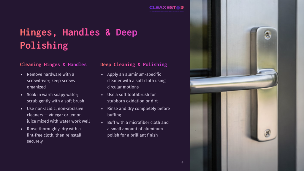 Close-Up Of A Shiny, Brushed Aluminum Door Handle And Hinges On A Glass Door, With Text Overlay Detailing Cleaning And Polishing Instructions For Hinges, Handles, And Deep Cleaning.