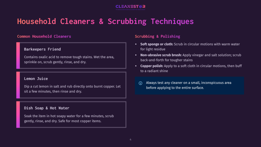 Infographic Detailing Common Household Cleaners And Scrubbing Techniques, Including Barkeepers Friend, Lemon Juice, And Dish Soap &Amp; Hot Water, With Scrubbing And Polishing Tips.