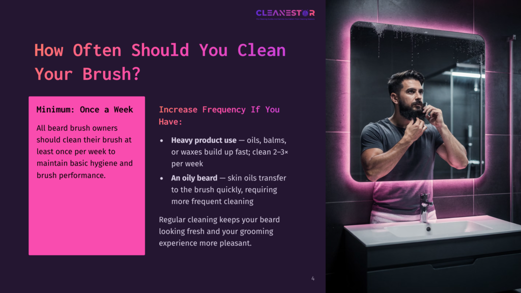 A Man With A Beard Grooms His Facial Hair In A Modern Bathroom With A Pink-Lit Mirror. Text On The Left Reads &Quot;How Often Should You Clean Your Brush? Minimum: Once A Week.
