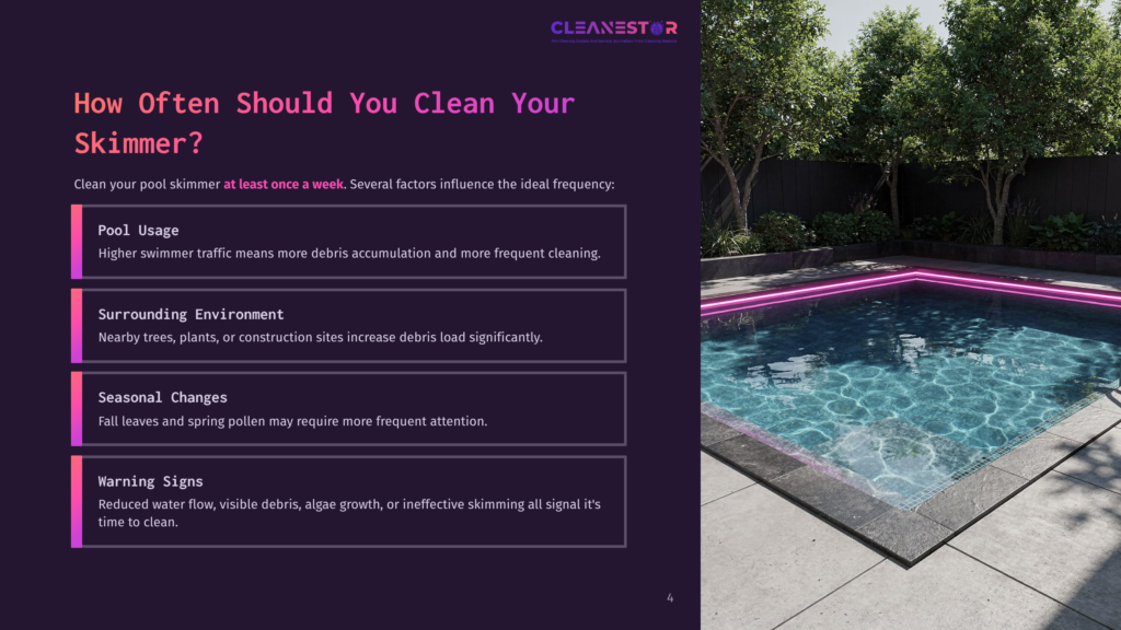 4 How Often Should You Clean Your Skimmer A Clean Star Logo And Text &Quot;How Often Should You Clean Your Skimmer?&Quot; Over A Dark Background With A Vibrant, Modern Swimming Pool Illuminated By Pink Led Lights In The Background.