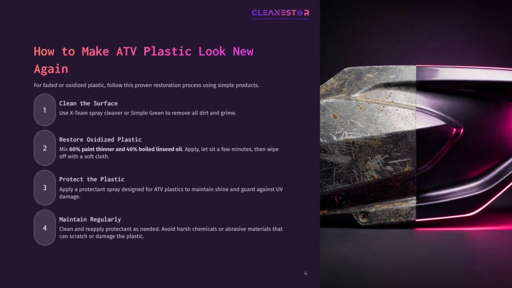 A Faded Atv Plastic Part With Visible Wear And Tear, Resting On A Black Background, With Red Neon Lights Highlighting The Edges, Showcasing The Restoration Process.