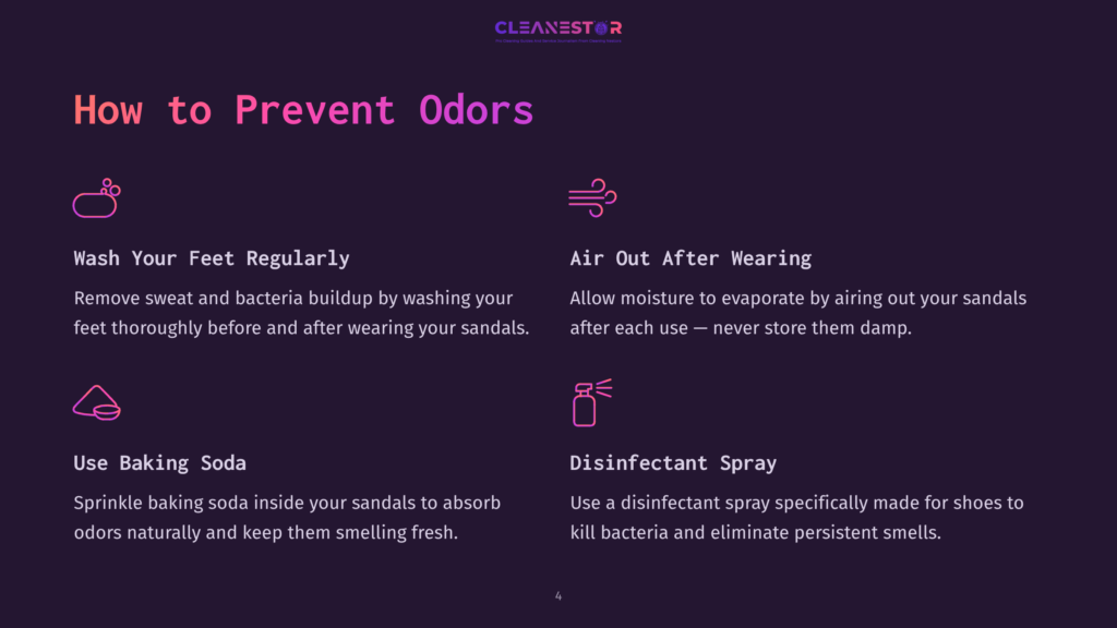 Infographic Titled &Quot;How To Prevent Odors&Quot; With Four Sections: Wash Your Feet Regularly, Air Out After Wearing, Use Baking Soda, And Disinfectant Spray.