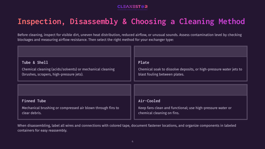 Infographic Titled &Quot;Inspection, Disassembly &Amp; Choosing A Cleaning Method&Quot; Detailing Cleaning Methods For Tube &Amp; Shell, Plate, Finned Tube, And Air-Cooled Heat Exchangers.