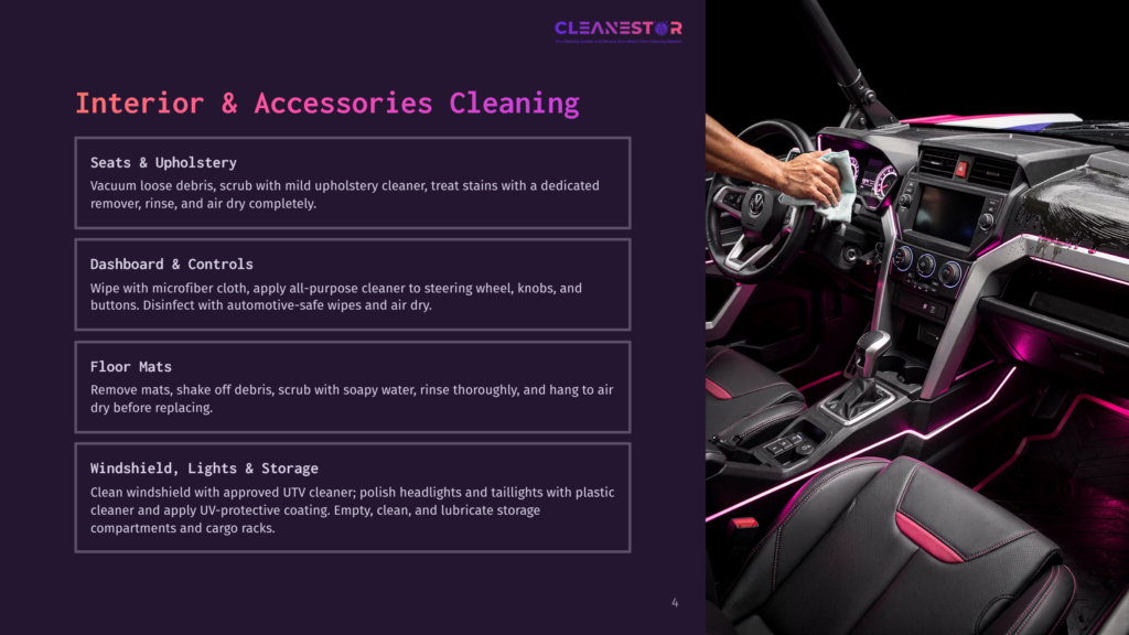4 Interior And Accessories Cleaning Interior Of A Utv Being Detailed: A Hand In A White Glove Wipes Down The Dashboard With A Microfiber Cloth, With Neon Pink Ambient Lighting Accenting The Seats And Floor.