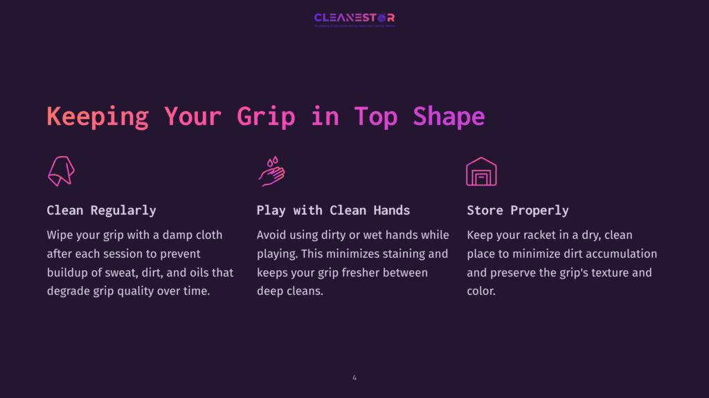 Graphic With The Text &Quot;Keeping Your Grip In Top Shape&Quot; And Three Icons With Tips: Clean Regularly, Play With Clean Hands, And Store Properly. The Background Is Dark Purple With Pink And Orange Gradient Text.
