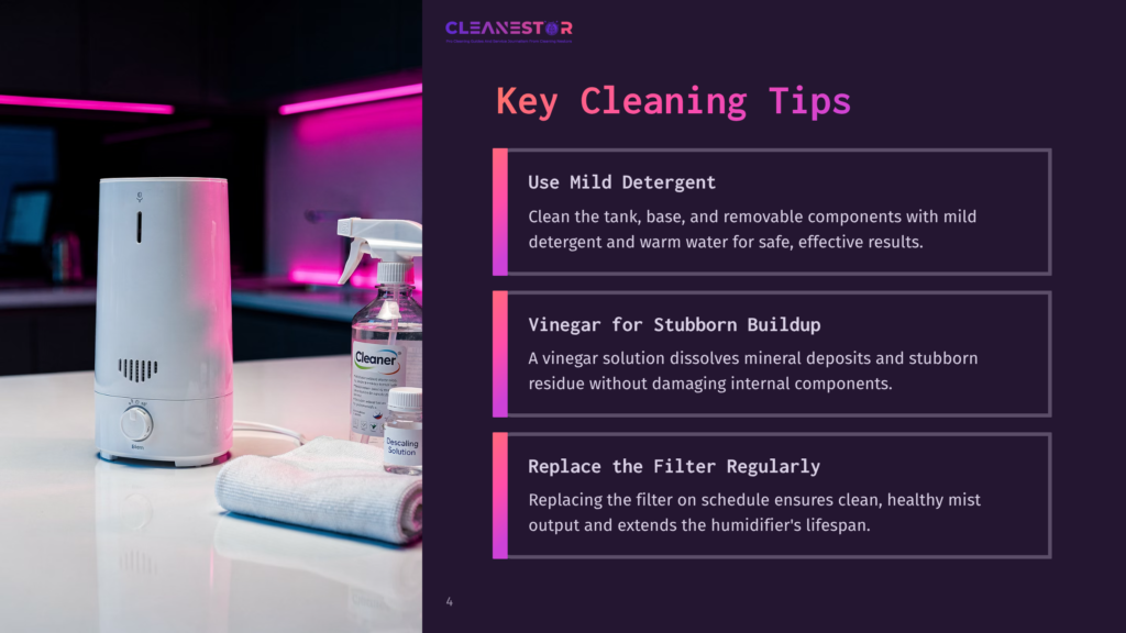 A White Humidifier With A Cloth And Cleaning Supplies, Including A Spray Bottle Labeled &Quot;Cleaner&Quot; And A Bottle Of &Quot;Descaling Solution,&Quot; Sits On A Counter Next To A Vibrant Pink-Lit Kitchen. Key Cleaning Tips Are Listed On A Dark Purple Overlay.