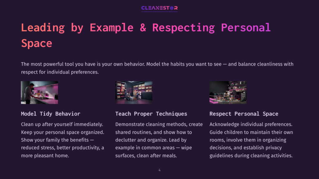 Three Images Illustrating Leadership And Personal Space: A Person Cleaning A Kitchen With Pink Led Lights, A Well-Organized Storage Room, And A Tidy Home Office.