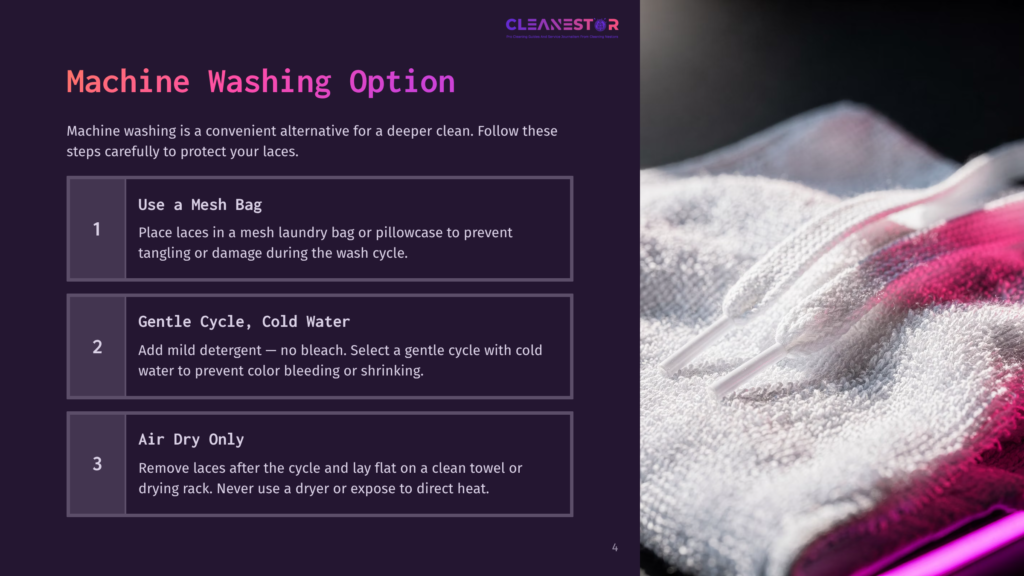 Close-Up Of White Shoelaces Being Washed In A White Terrycloth Towel, With Text Overlay Describing Machine Washing Instructions For Shoelaces.