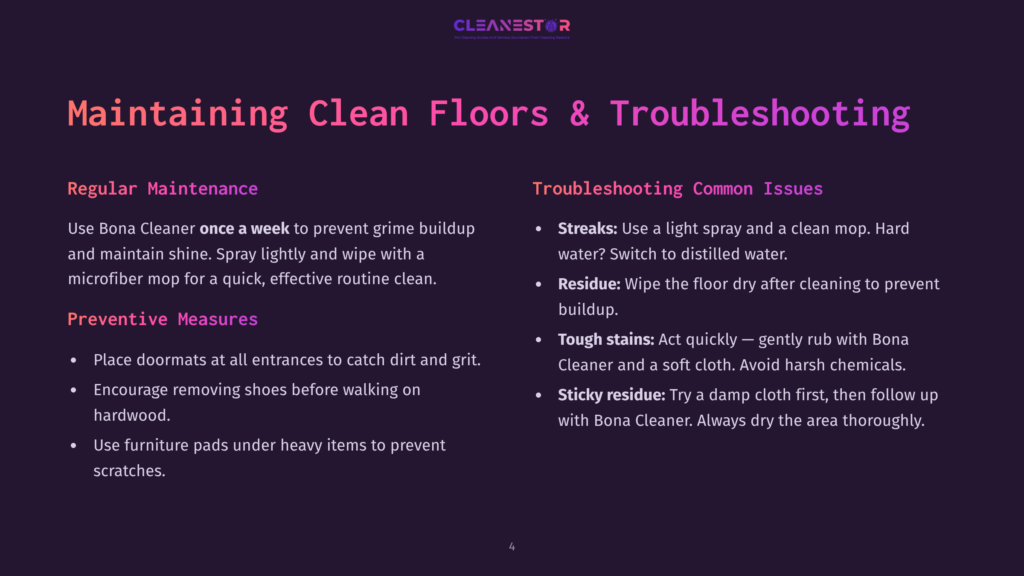 Presentation Slide Titled &Quot;Maintaining Clean Floors &Amp; Troubleshooting&Quot; With Sections On Regular Maintenance And Common Issues Like Streaks And Residue.
