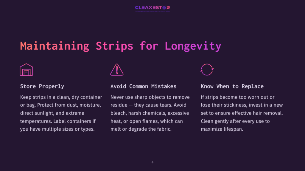 Infographic With The Title &Quot;Maintaining Strips For Longevity&Quot; And Three Sections: &Quot;Store Properly&Quot;, &Quot;Avoid Common Mistakes&Quot;, And &Quot;Know When To Replace&Quot;.