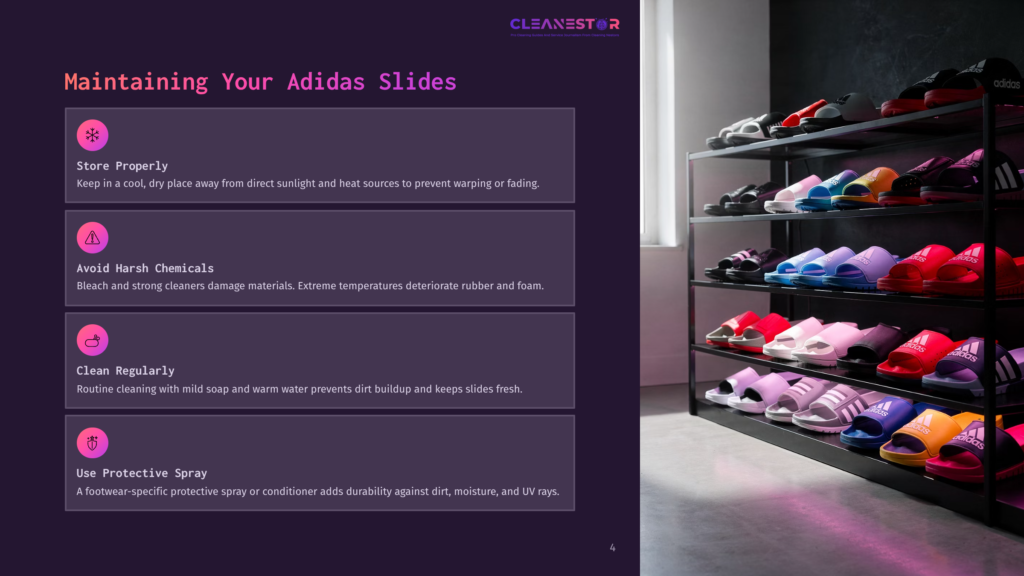 Infographic Detailing How To Maintain Adidas Slides, With Icons For Storage, Avoiding Chemicals, Cleaning, And Protective Spray. A Shelf Of Colorful Adidas Slides Is Visible In The Background.