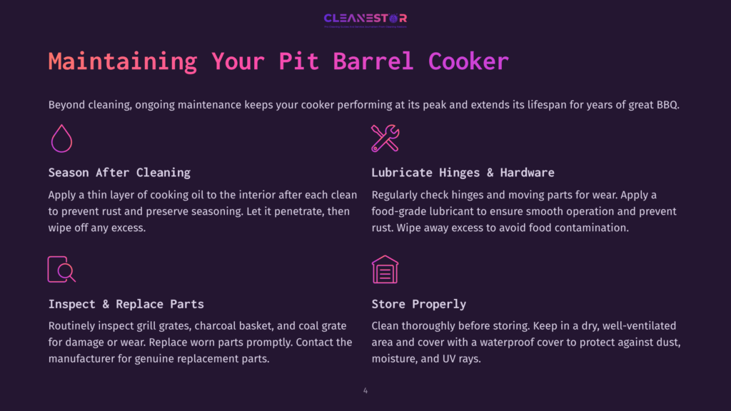 Maintaining Your Pit Barrel Cooker: A Guide To Season After Cleaning, Lubricating Hinges, Inspecting Parts, And Proper Storage For Longevity.