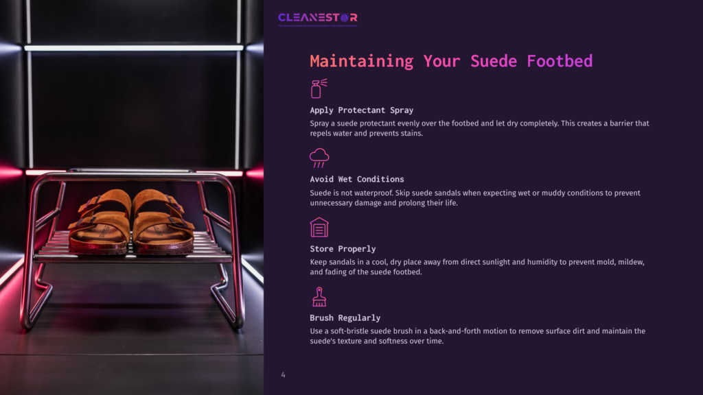 Two Suede Sandals Sit On A Stainless Steel Shelf, With A Pink Neon Light Illuminating The Scene. The Text &Quot;Cleanestor&Quot; And &Quot;Maintaining Your Suede Footbed&Quot; Are Visible.