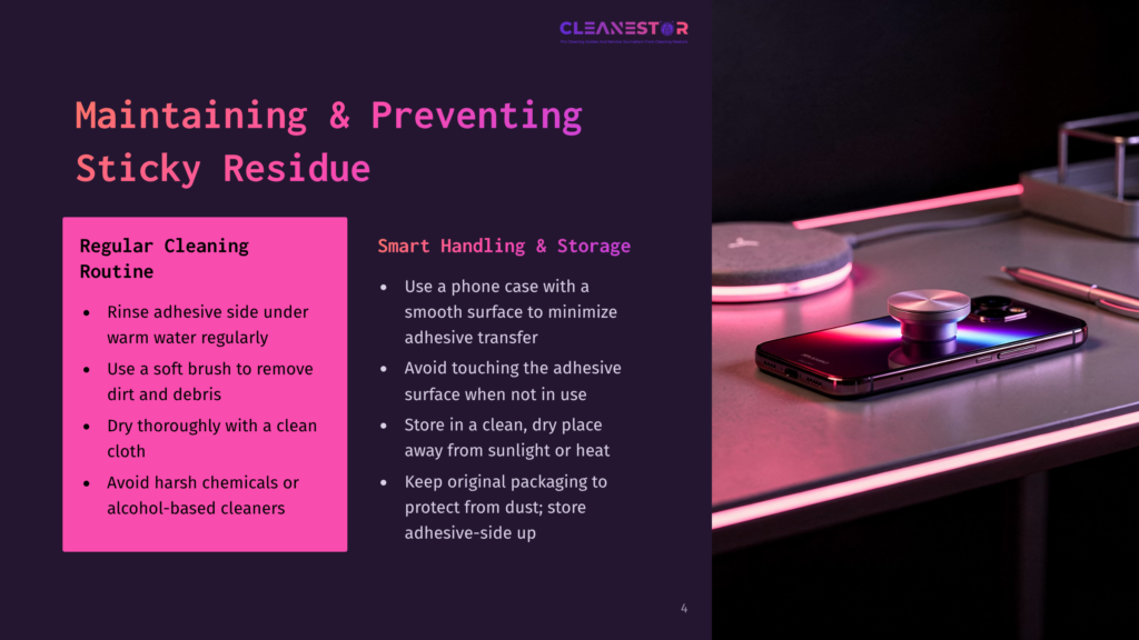 A Smartphone With A Colorful Led Light Ring And Magnetic Grip Sits On A Sleek, Modern Charging Pad. Text On The Left Side Of The Image Reads &Quot;Maintaining &Amp; Preventing Sticky Residue&Quot; And Lists Cleaning Tips.