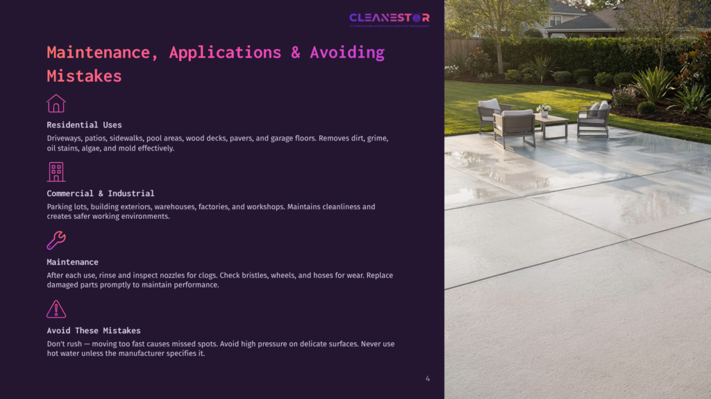 Clean, Modern Patio With Concrete Flooring, Outdoor Furniture, And Lush Green Landscaping. Text Overlay Discusses Maintenance And Applications.