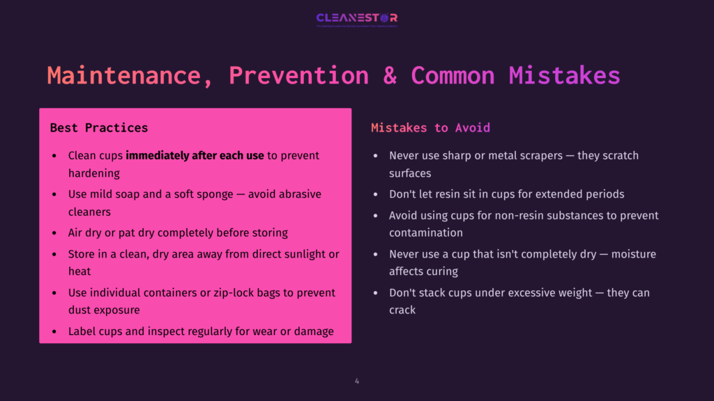 4 Maintenance Prevention And Common Mistakes Presentation Slide Titled &Quot;Maintenance, Prevention &Amp; Common Mistakes&Quot; With Two Columns: &Quot;Best Practices&Quot; And &Quot;Mistakes To Avoid.&Quot; The Slide Lists Tips For Cleaning And Storing Items, Likely Cups.