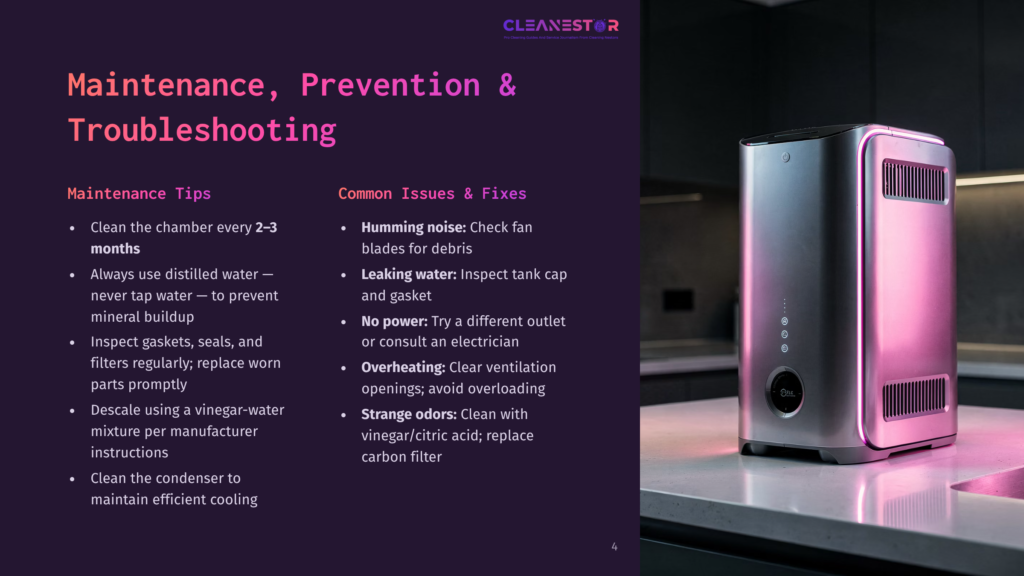 4 Maintenance Prevention And Troubleshooting 2 Cleanestor Air Purifier Maintenance Tips And Troubleshooting Guide. The Sleek, Modern Silver Device Sits On A Kitchen Counter With A Blurred Background.