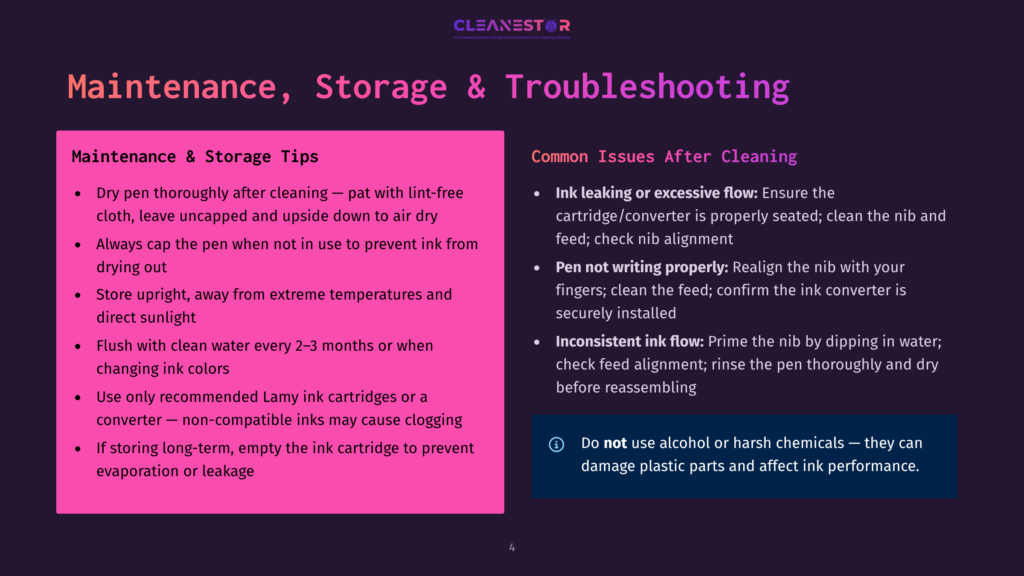 Cleanestor Maintenance, Storage, And Troubleshooting Guide: Dry Pen, Flush With Water, Store Upright, Use Lamy Ink Cartridges, And Avoid Alcohol In Ink.