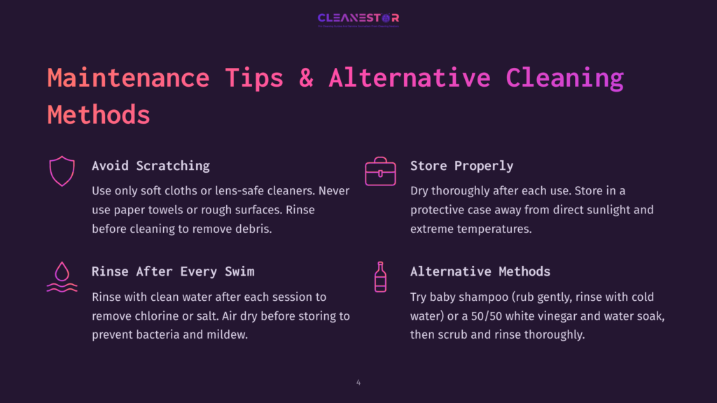Maintenance Tips And Alternative Cleaning Methods For A Product Are Displayed On A Purple Background. Sections Include &Quot;Avoid Scratching&Quot; With Advice To Use Soft Cloths And Lens-Safe Cleaners, &Quot;Store Properly&Quot; Advising To Dry Thoroughly And Store In A Protective Case, &Quot;Rinse After Every Swim&Quot; Recommending Rinsing With Clean Water And Air Drying, And &Quot;Alternative Methods&Quot; Suggesting Baby Shampoo Or A Vinegar And Water Soak For Cleaning.