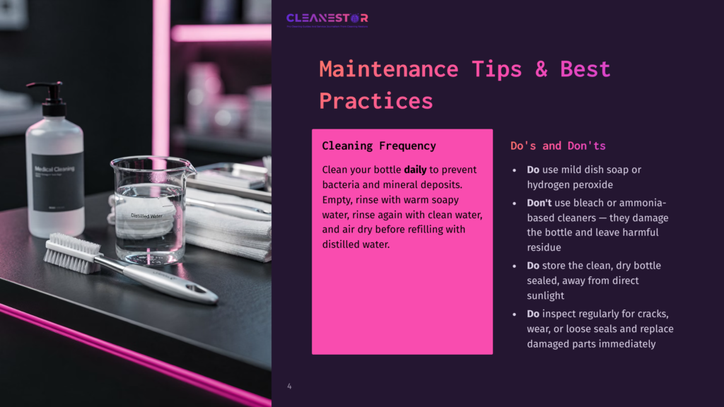 A Pink And White Page Titled &Quot;Maintenance Tips &Amp; Best Practices&Quot; Displays Cleaning Instructions With A Bottle, Glass, And Brush On A Table.