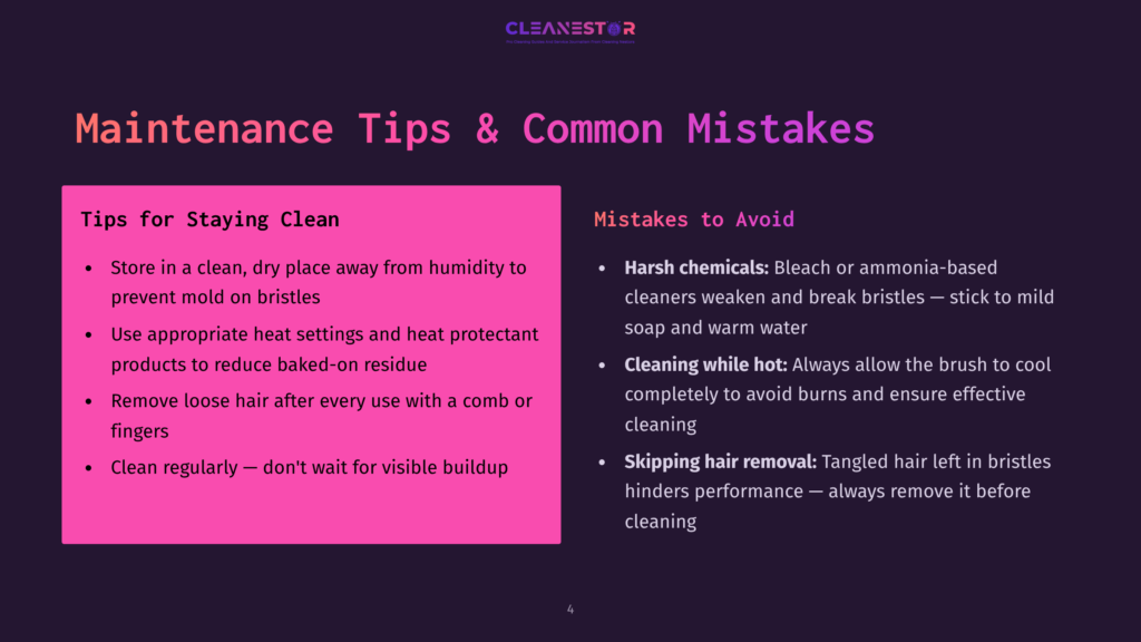 A Dark Purple Slide Titled &Quot;Maintenance Tips &Amp; Common Mistakes&Quot; With Two Columns: &Quot;Tips For Staying Clean&Quot; And &Quot;Mistakes To Avoid.&Quot; The Tips Include Storing In A Clean, Dry Place, Using Appropriate Heat Settings, Removing Loose Hair, And Regular Cleaning. Mistakes Include Harsh Chemicals, Cleaning While Hot, And Skipping Hair Removal.