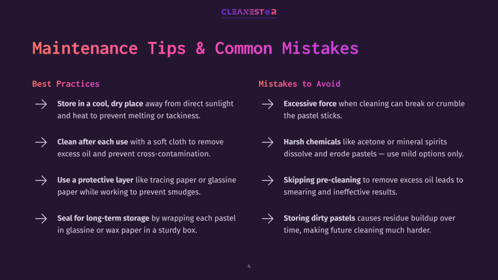 Infographic Detailing &Quot;Maintenance Tips &Amp; Common Mistakes&Quot; For Pastels, With &Quot;Best Practices&Quot; On The Left And &Quot;Mistakes To Avoid&Quot; On The Right, Presented In English With A Dark Background.