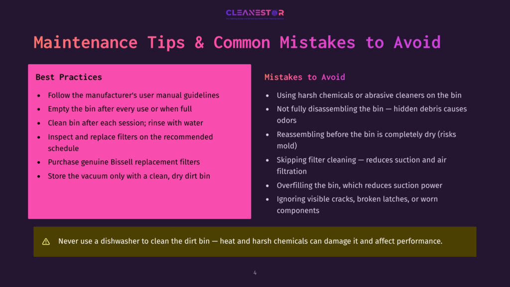 Cleanestor Maintenance Tips And Common Mistakes To Avoid. Left Side Lists Best Practices For Vacuum Cleaning, Right Side Lists Cleaning Mistakes.
