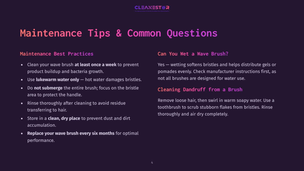 A Dark Purple Slide With The Cleanestor Logo At The Top, Titled &Quot;Maintenance Tips &Amp; Common Questions&Quot;. The Left Side Lists &Quot;Maintenance Best Practices&Quot; With Bullet Points, And The Right Side Has &Quot;Can You Wet A Wave Brush?&Quot; With Text And A Bulleted List.